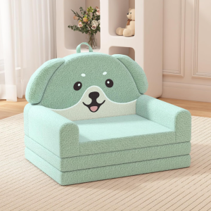 Dog-Shaped Kids' Foldable Sofa Bed – Soft Toddler Sofa Chair – Convertible Lounge Sofa – Kids' Room Furniture / Birthday Gift – Green